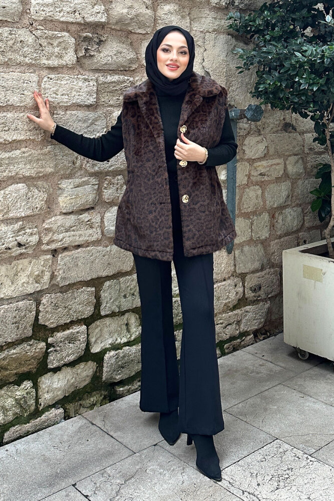 Geniş Yaka Leopar Yelek - Kahverengi - 1