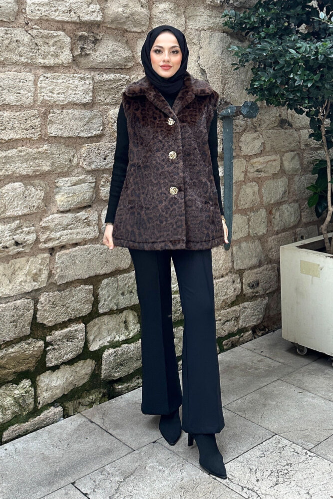 Geniş Yaka Leopar Yelek - Kahverengi - 3