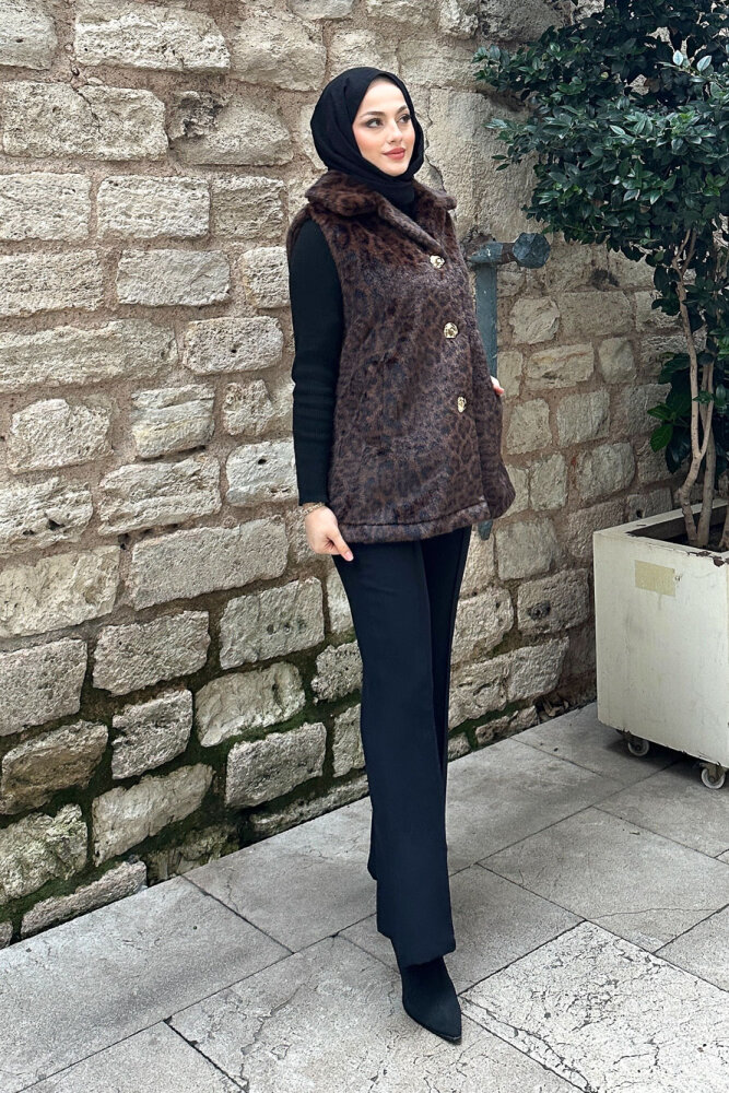 Geniş Yaka Leopar Yelek - Kahverengi - 5