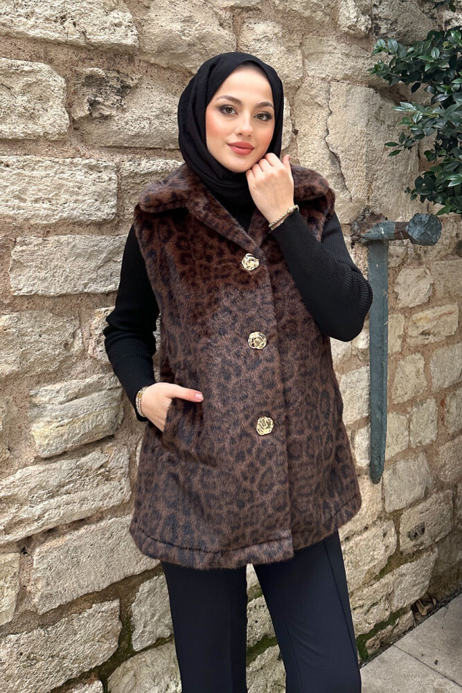 Geniş Yaka Leopar Yelek - Kahverengi - 6
