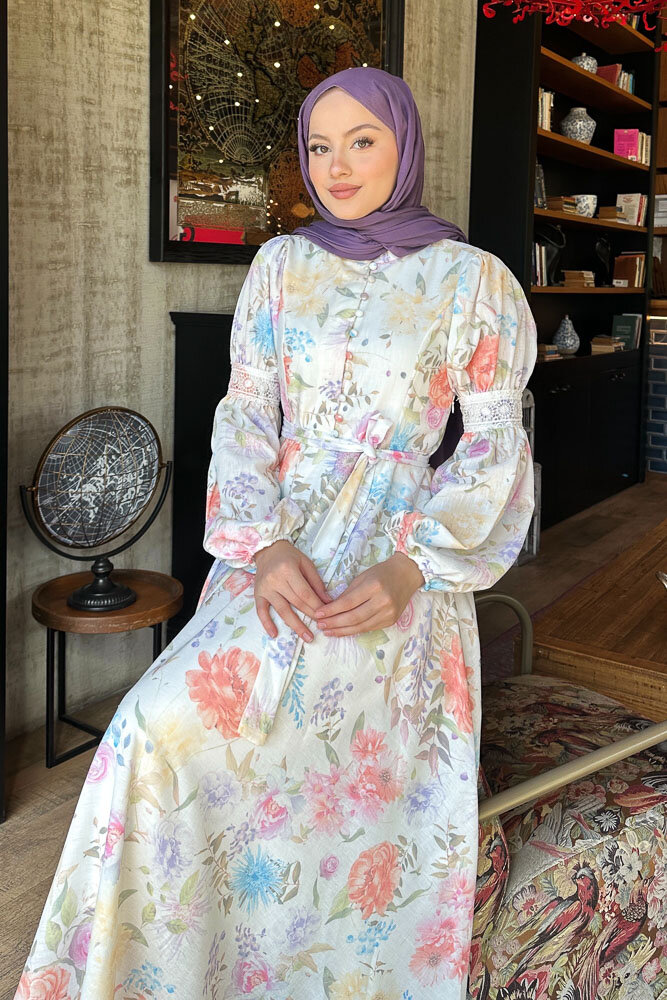 Gioia Çiçek Desenli Keten Elbise - Ekru - HENZA (1)