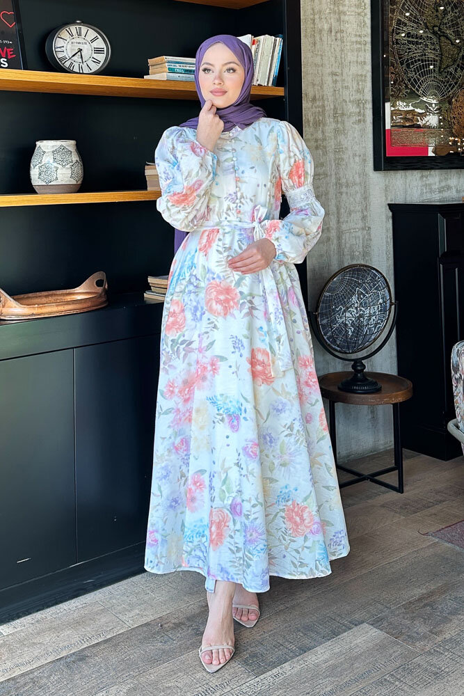 Gioia Çiçek Desenli Keten Elbise - Ekru - HENZA (5)