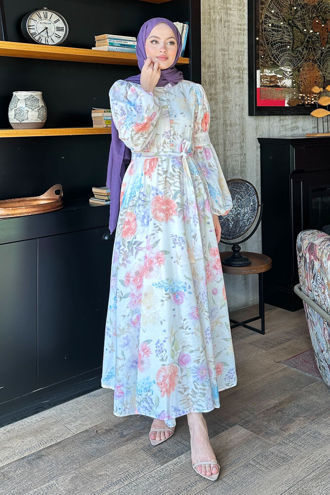 Gioia Çiçek Desenli Keten Elbise - Ekru - HENZA (2)