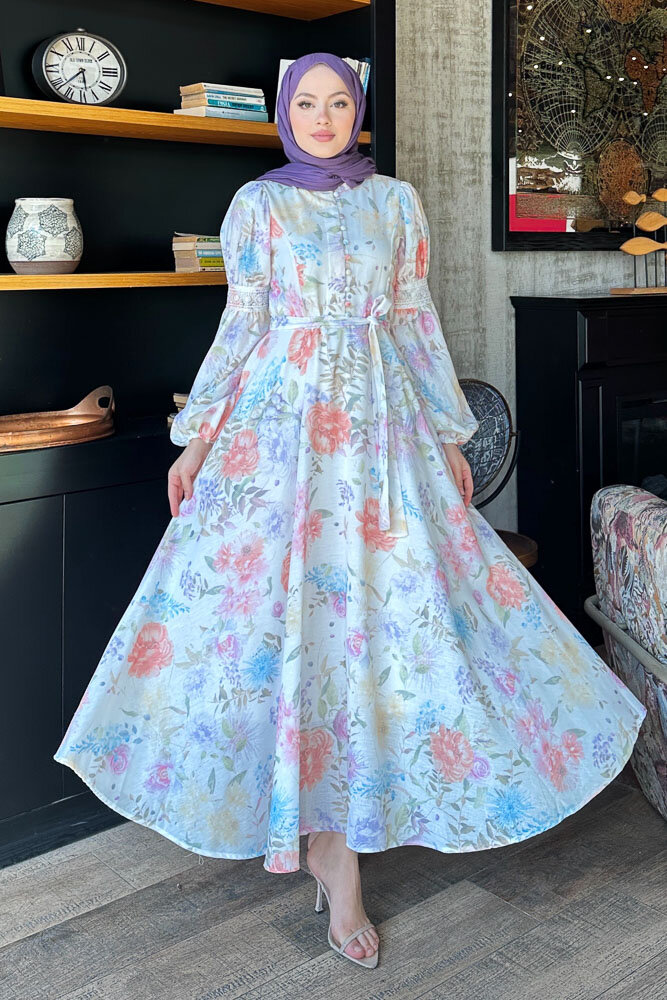 Gioia Çiçek Desenli Keten Elbise - Ekru - HENZA (3)