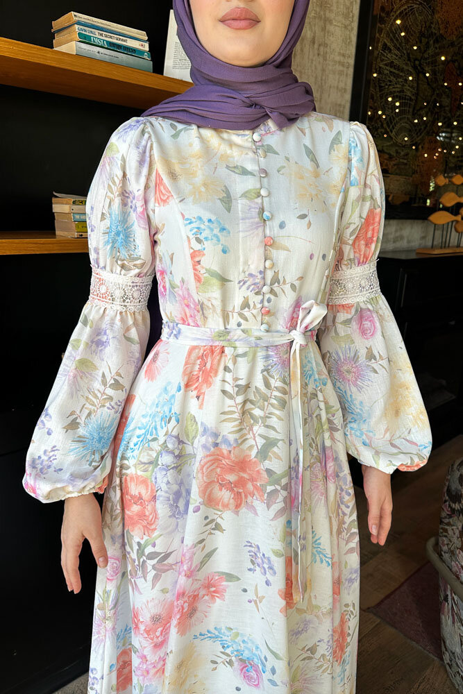 Gioia Çiçek Desenli Keten Elbise - Ekru - HENZA (4)