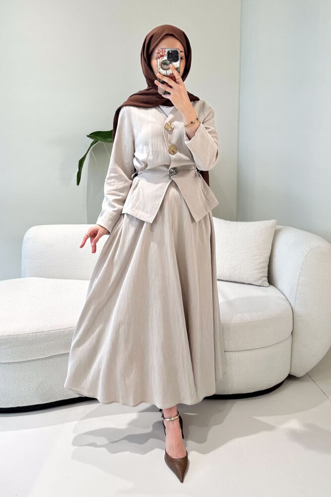 Gold Düğme Detaylı Etek Takım - Camel - İKOL (1)