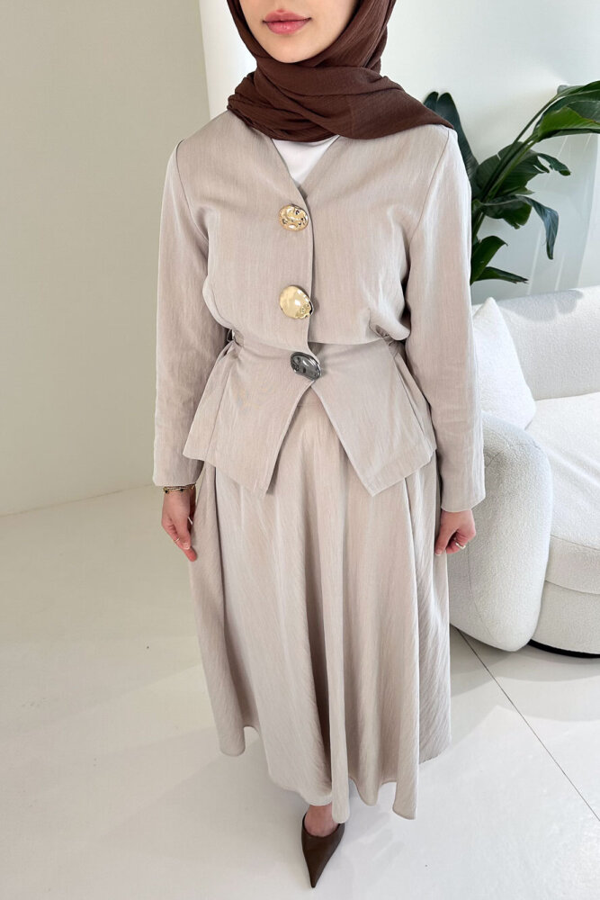 Gold Düğme Detaylı Etek Takım - Camel - İKOL (4)