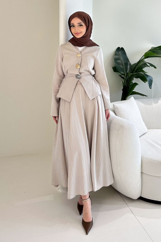 Gold Düğme Detaylı Etek Takım - Camel - İKOL (3)