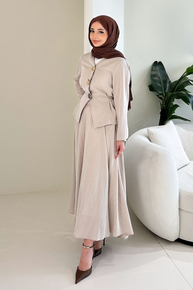 Gold Düğme Detaylı Etek Takım - Camel - 6