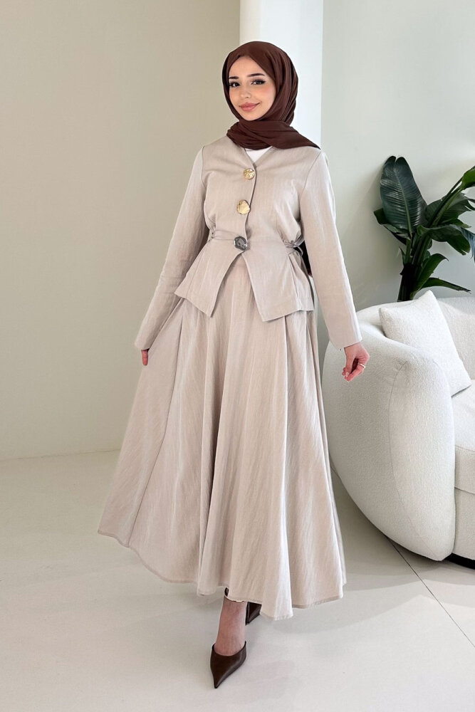 Gold Düğme Detaylı Etek Takım - Camel - 7