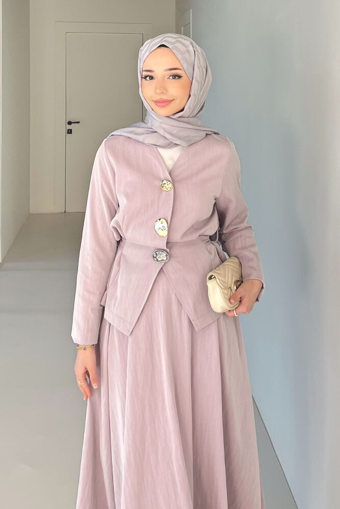 Gold Düğme Detaylı Etek Takım - Gül kurusu - 4