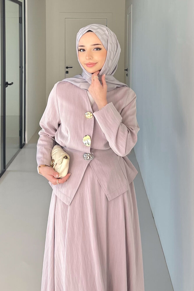 Gold Düğme Detaylı Etek Takım - Gül kurusu - 6