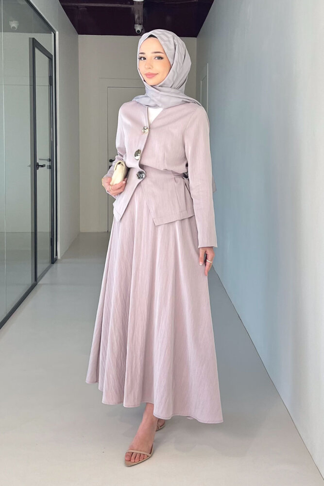 Gold Düğme Detaylı Etek Takım - Gül kurusu - 7