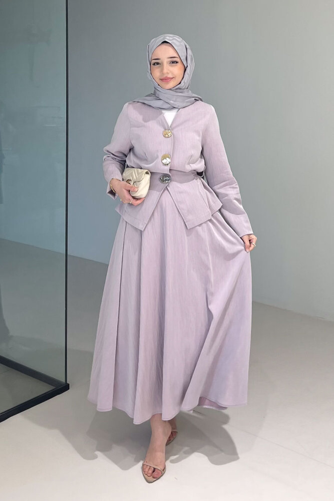 Gold Düğme Detaylı Etek Takım - Gül kurusu - 1