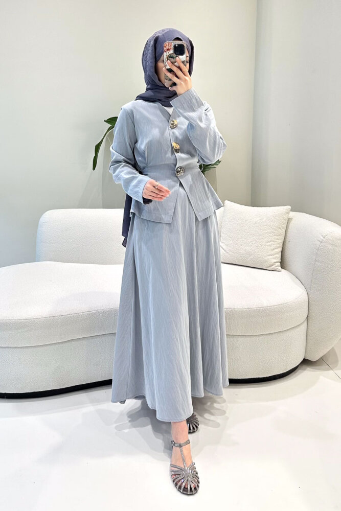 Gold Düğme Detaylı Etek Takım - İndigo - 8