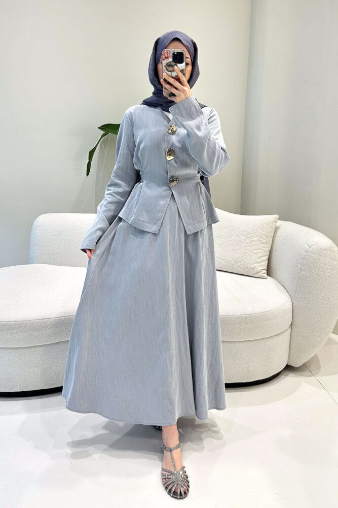 Gold Düğme Detaylı Etek Takım - İndigo - 3