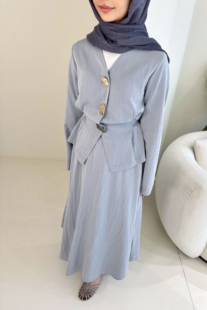 Gold Düğme Detaylı Etek Takım - İndigo - 9