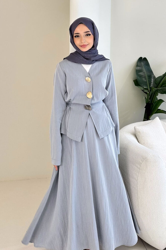 Gold Düğme Detaylı Etek Takım - İndigo - İKOL (4)