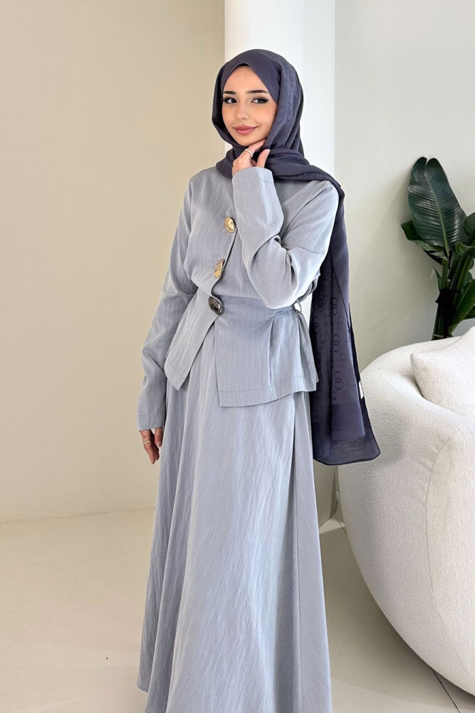 Gold Düğme Detaylı Etek Takım - İndigo - İKOL (5)