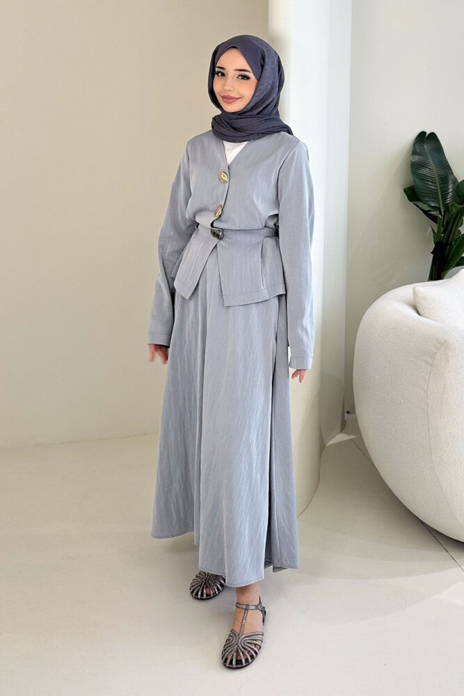 Gold Düğme Detaylı Etek Takım - İndigo - İKOL (3)