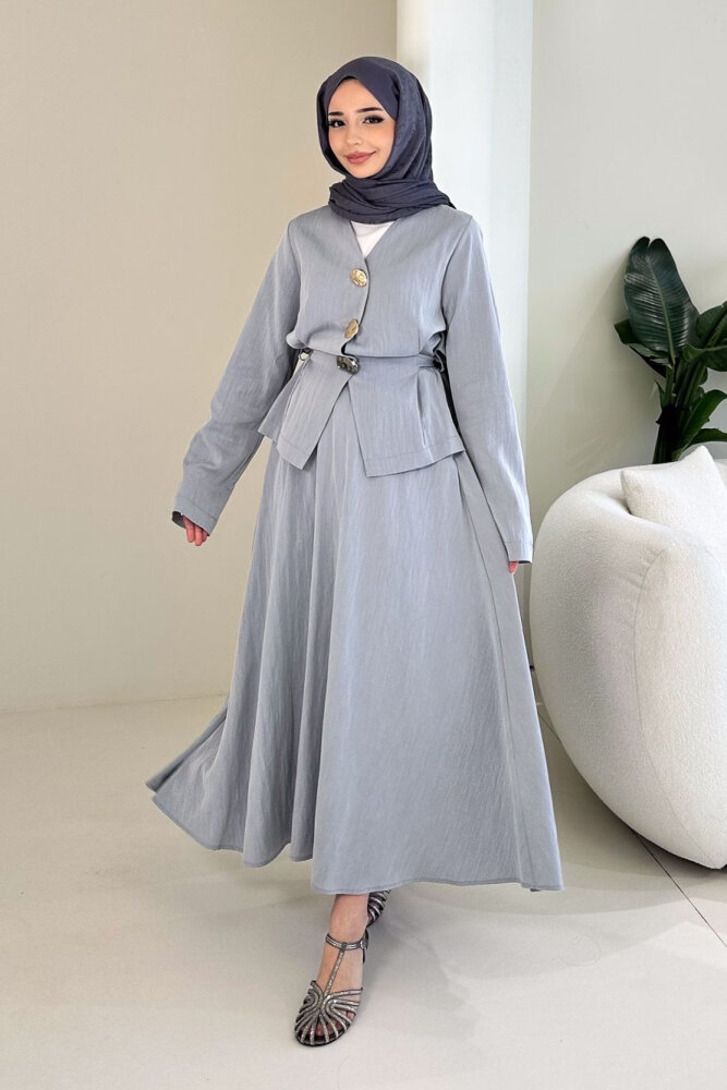 Gold Düğme Detaylı Etek Takım - İndigo - 1