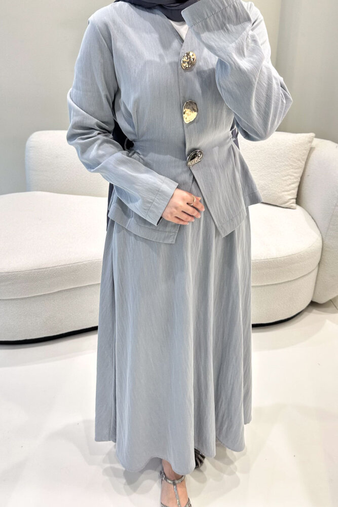 Gold Düğme Detaylı Etek Takım - İndigo - İKOL (1)