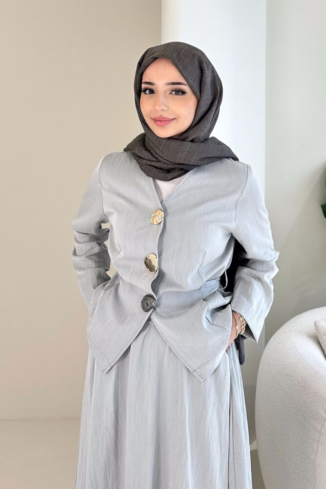 Gold Düğme Detaylı Etek Takım - Mint Yeşili - 1