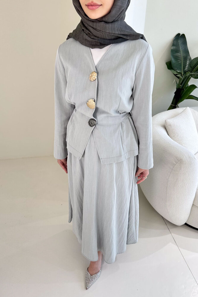 Gold Düğme Detaylı Etek Takım - Mint Yeşili - 3