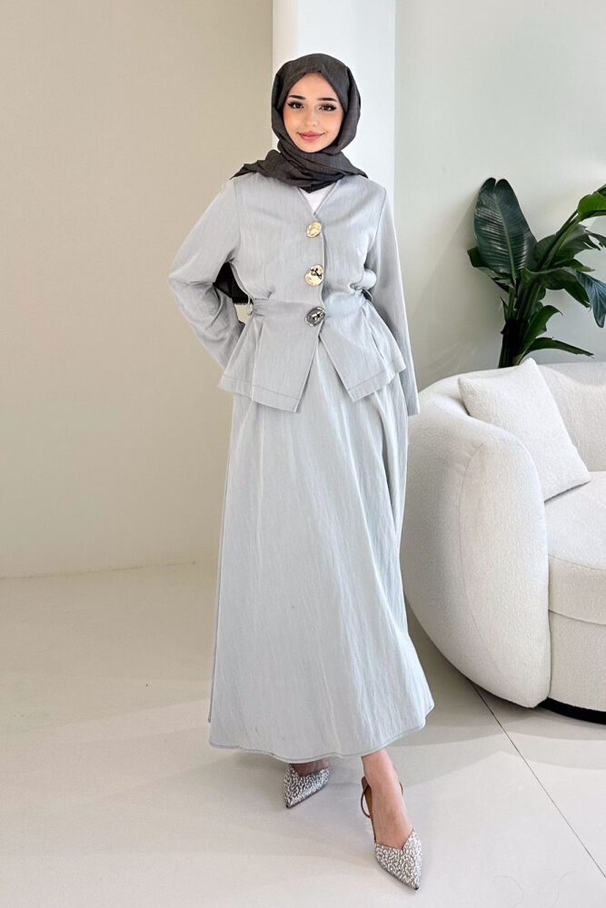 Gold Düğme Detaylı Etek Takım - Mint Yeşili - 4