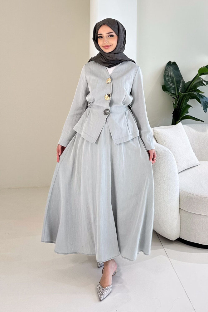 Gold Düğme Detaylı Etek Takım - Mint Yeşili - İKOL (4)