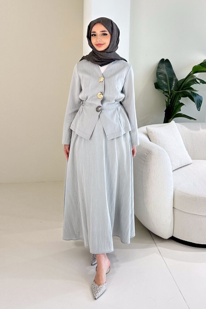 Gold Düğme Detaylı Etek Takım - Mint Yeşili - 7