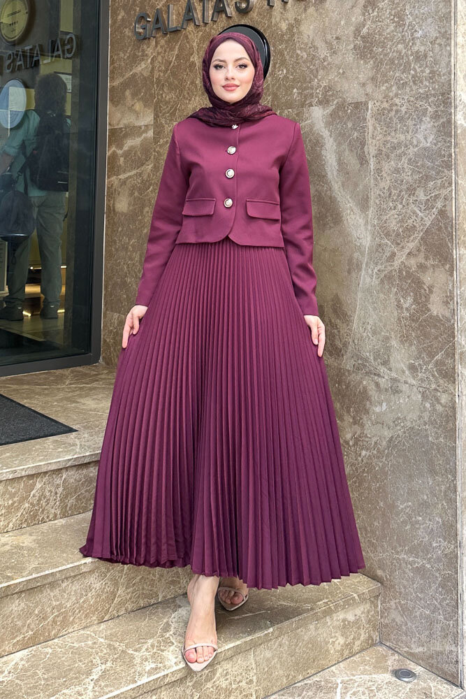 Gold Düğmeli Şık Etek Takım - Burgonya - HENZA (2)