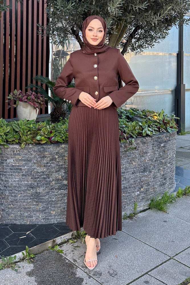 Gold Düğmeli Şık Etek Takım - Kahverengi - HENZA (4)