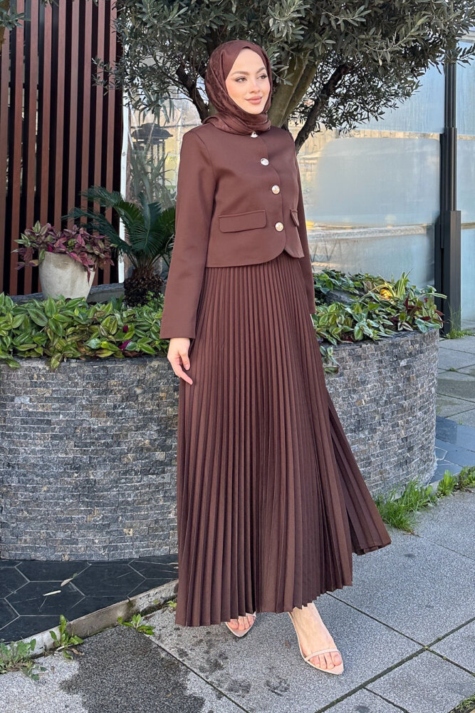 Gold Düğmeli Şık Etek Takım - Kahverengi - 6
