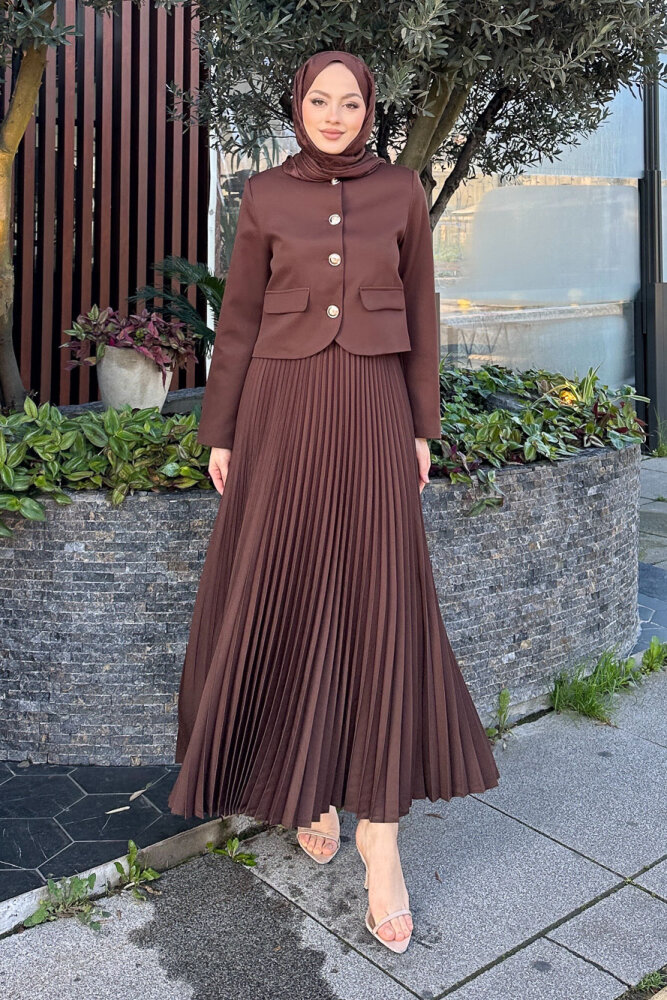 Gold Düğmeli Şık Etek Takım - Kahverengi - 1