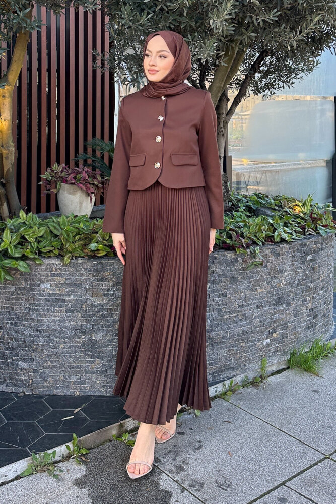 Gold Düğmeli Şık Etek Takım - Kahverengi - 2