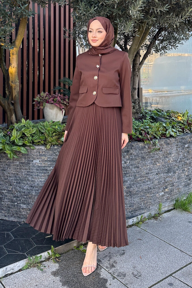 Gold Düğmeli Şık Etek Takım - Kahverengi - 8