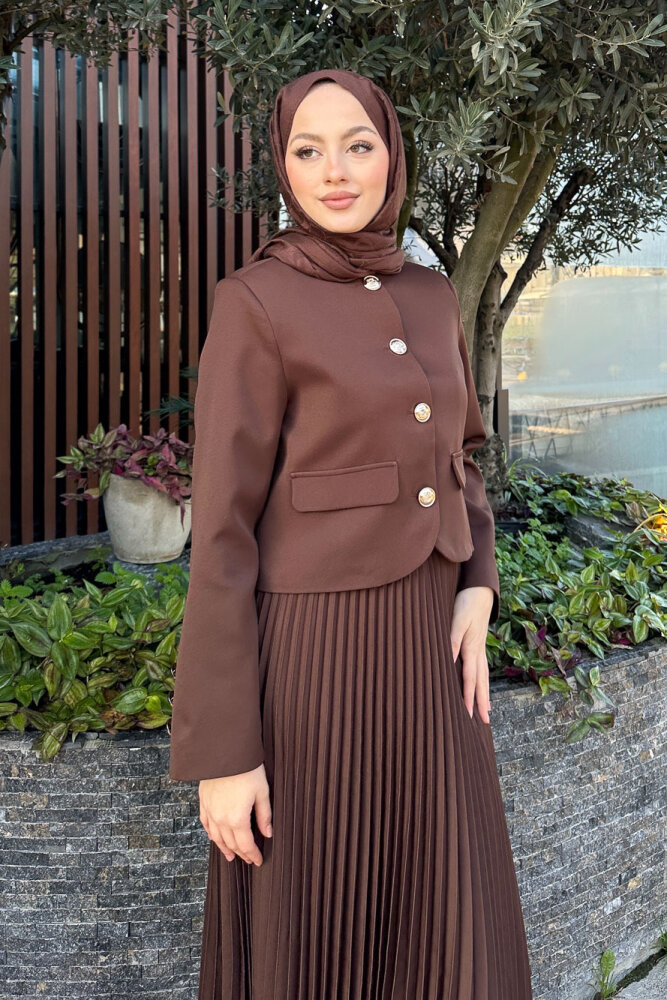 Gold Düğmeli Şık Etek Takım - Kahverengi - HENZA (2)