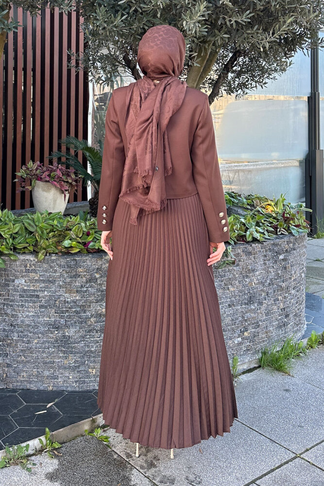 Gold Düğmeli Şık Etek Takım - Kahverengi - 7