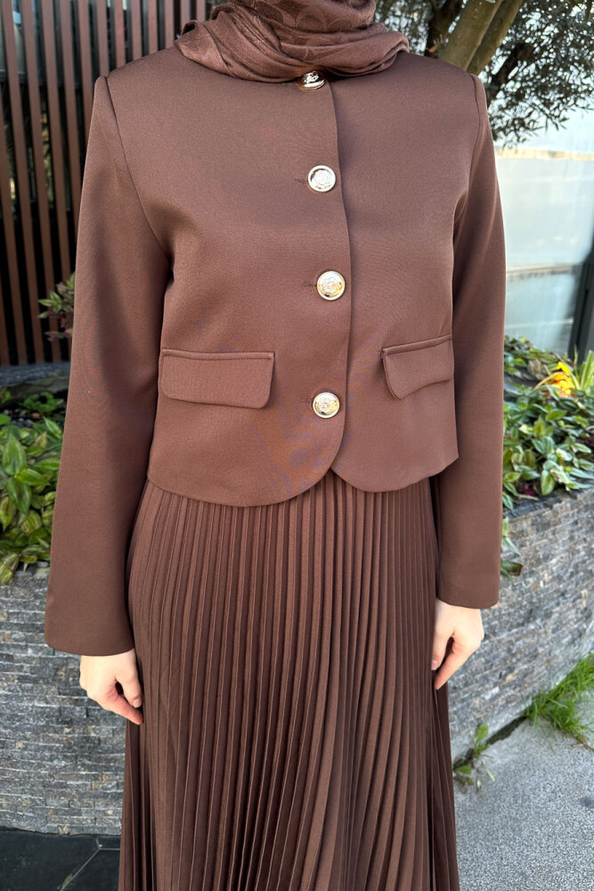 Gold Düğmeli Şık Etek Takım - Kahverengi - 4
