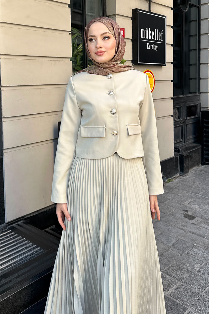 Gold Düğmeli Şık Etek Takım - Küf Yeşili - 2