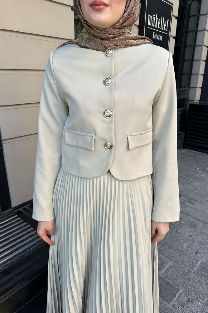 Gold Düğmeli Şık Etek Takım - Küf Yeşili - HENZA (3)