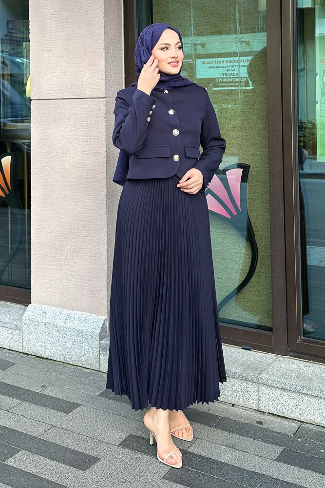 Gold Düğmeli Şık Etek Takım - Lacivert - HENZA (2)