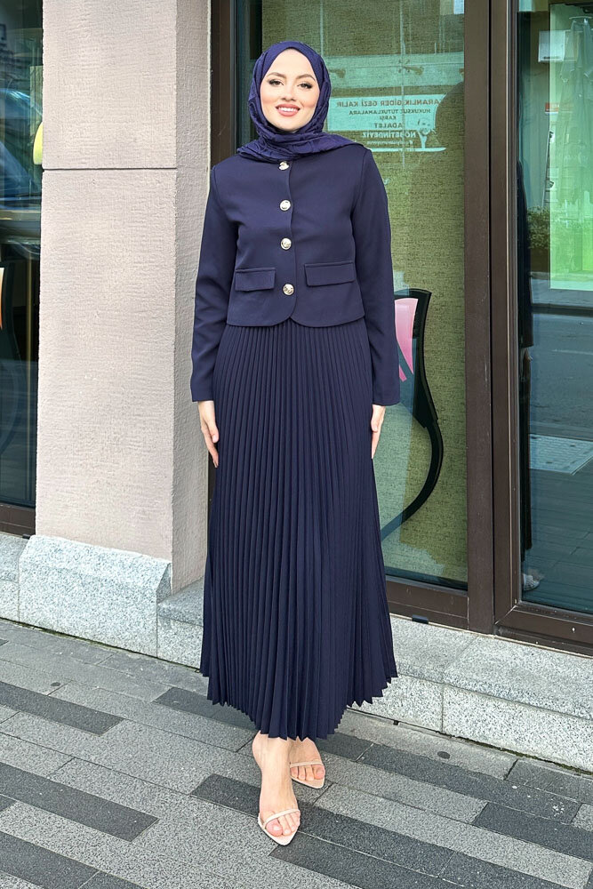 Gold Düğmeli Şık Etek Takım - Lacivert - HENZA (3)