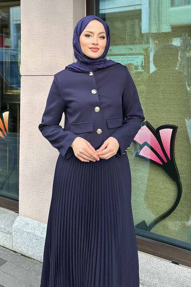 Gold Düğmeli Şık Etek Takım - Lacivert - HENZA (1)