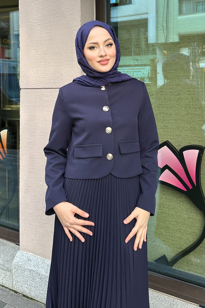 Gold Düğmeli Şık Etek Takım - Lacivert - HENZA (4)