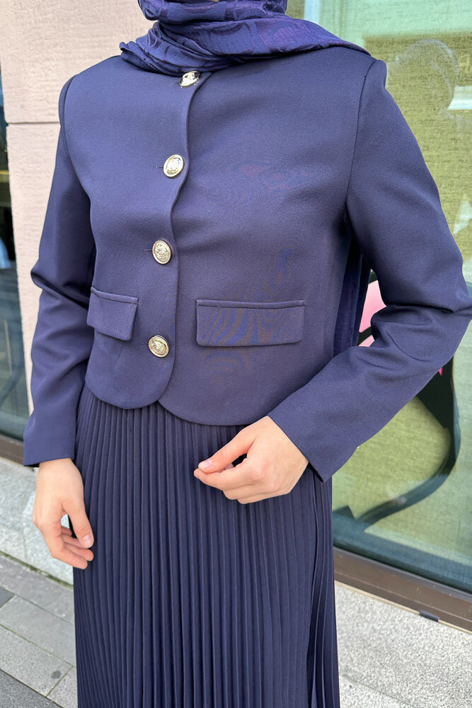 Gold Düğmeli Şık Etek Takım - Lacivert - HENZA (5)