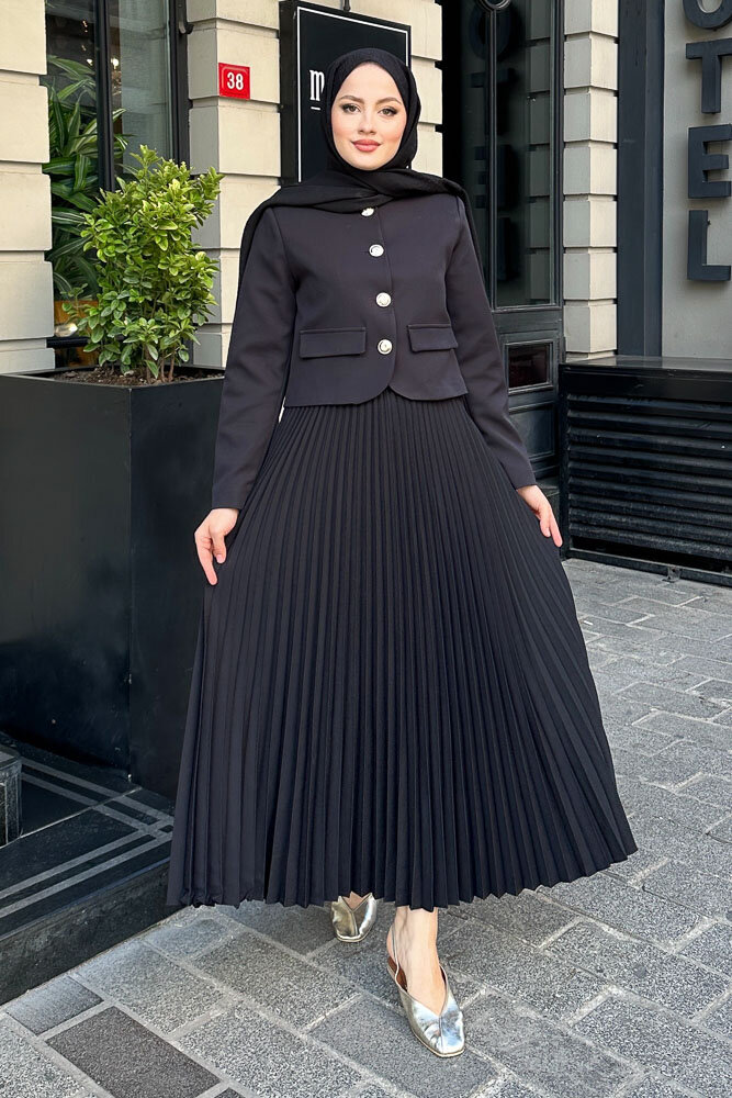 Gold Düğmeli Şık Etek Takım - Siyah - HENZA (2)