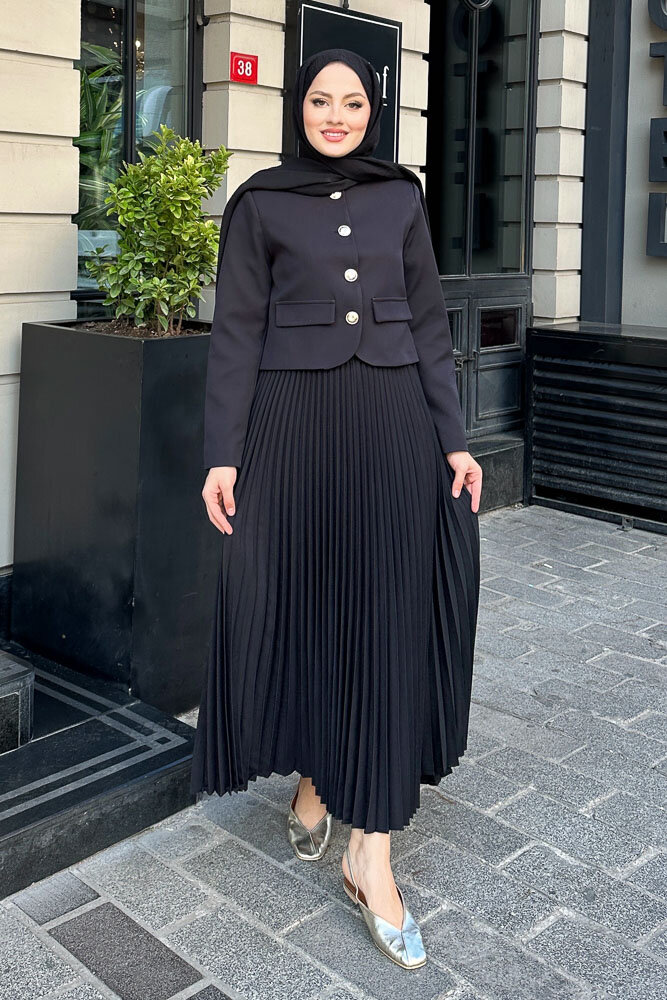 Gold Düğmeli Şık Etek Takım - Siyah - HENZA (5)