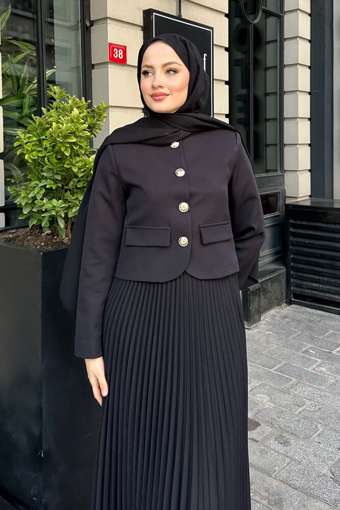 Gold Düğmeli Şık Etek Takım - Siyah - HENZA (1)